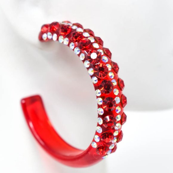 2" Clear Red AB/Red Lucite Rhinestone Hoop Earring - Picture 7 of 11